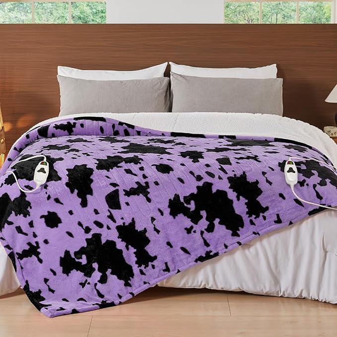 Cow Print Electric Heated Blanket Queen Size,84X90 Purple Heating Blanket Queen With Dual Control&Timer&10 Heat Levels,Highland Cow Decor Fleece Sherpa Blankets Warmer Gifts for Bed Women Adults,ETL