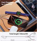 Temdan for Travel Vacation Essentials,3 in 2 USB C Cable for Apple Watch Charger/iPhone 17 Charger/Lightning,Multi Charging Cable Cord,Camping Essentials,Portable Designed for iWatch &iPhone 16-12-5FT