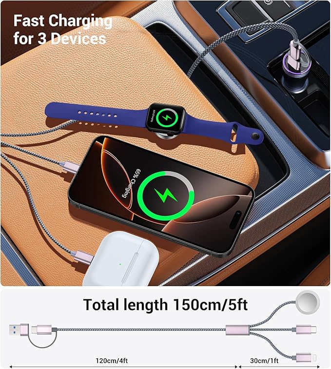 Temdan for Travel Vacation Essentials,3 in 2 USB C Cable for Apple Watch Charger/iPhone 17 Charger/Lightning,Multi Charging Cable Cord,Camping Essentials,Portable Designed for iWatch &iPhone 16-12-5FT