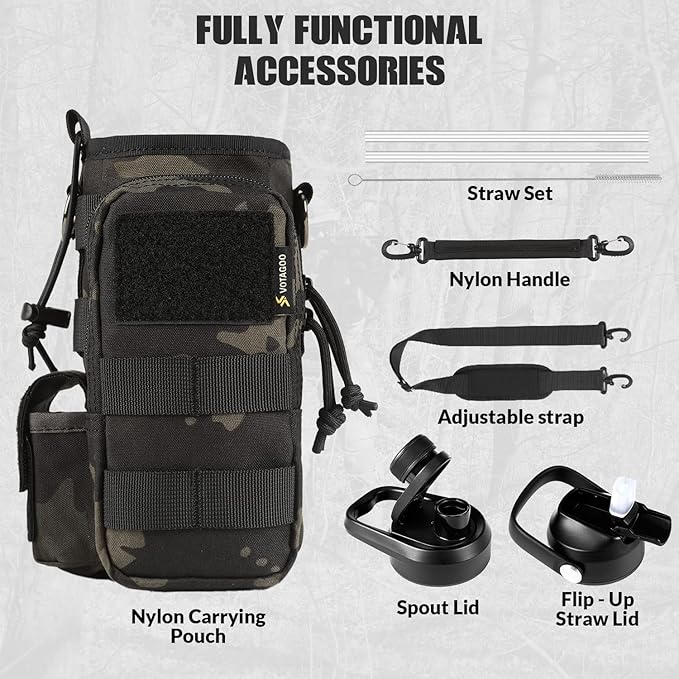 32 Oz Insulated Water Bottle - Stainless Steel Tactical Flask With Straw Lid & Chug Cap, Metal Military Water Bottle With Rugged, Removable Sleeve Can Place Items for Hiking Camping Hunting