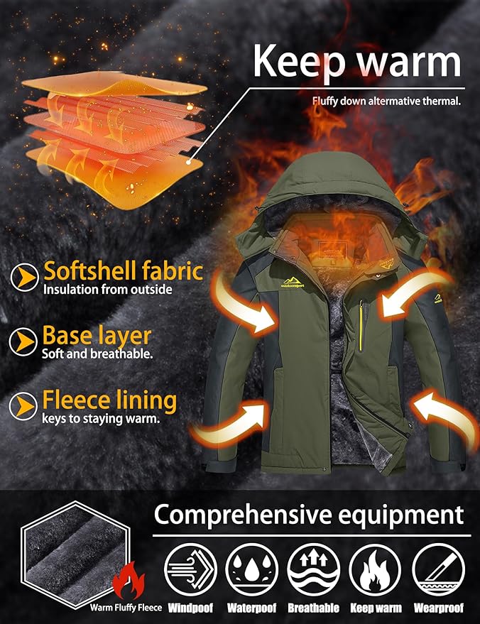 TACVASEN Men's Winter Ski Jacket Waterproof Snow Coats Snowboard Fleece Lining Jacket Warm Parka with Hooded