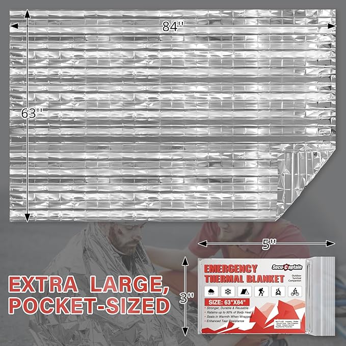 SecuCaptain Survival Emergency Thermal Blankets: 4/10/25/30/50/75/100 PCS Extra Large 84” x63” Space Mylar Blanket Kit for Outdoor Cold Winter Camping Hiking Car Bug Out Bag or First Aid