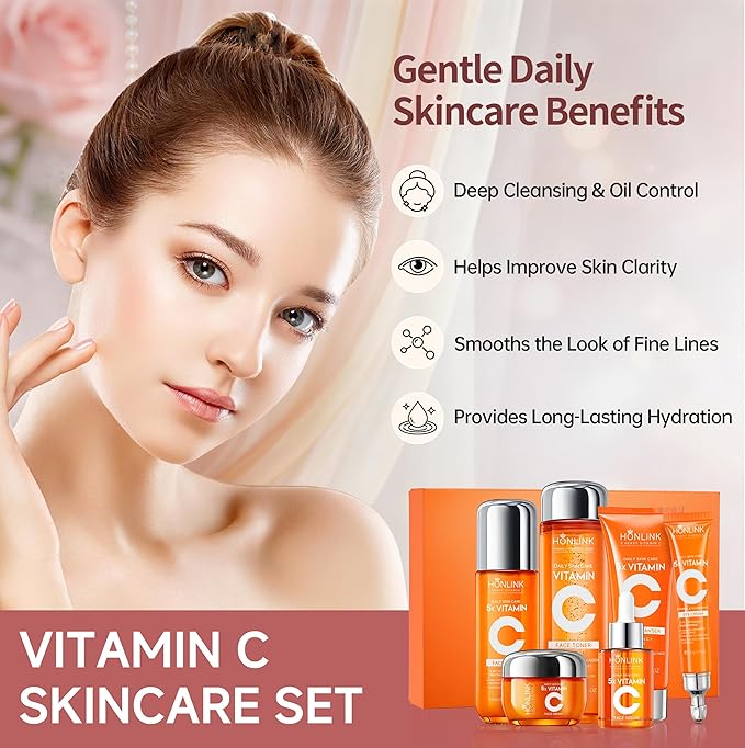 6-Piece Hydrating Skincare Set with Vitamin C & Niacinamide, Face Care Kit Includes Toner, Serum, Cleanser, Moisturizer, Eye Cream & Body Lotion for Daily Skin Care & Self Care