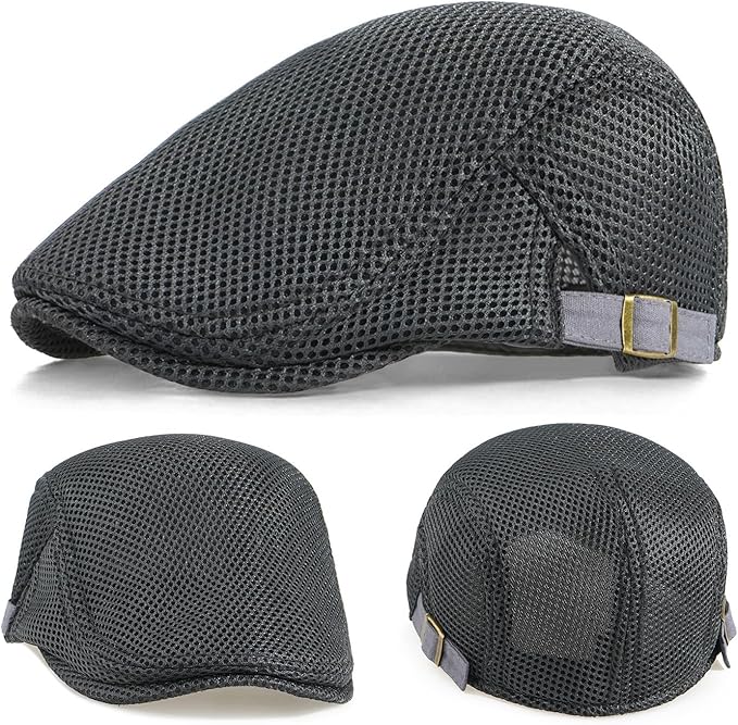 2 Pack Men's Mesh Cap Breathable Summer Newsboy Hat Adjustable Beret Ivy Cap Irish Cabbie Driving Hunting Hats