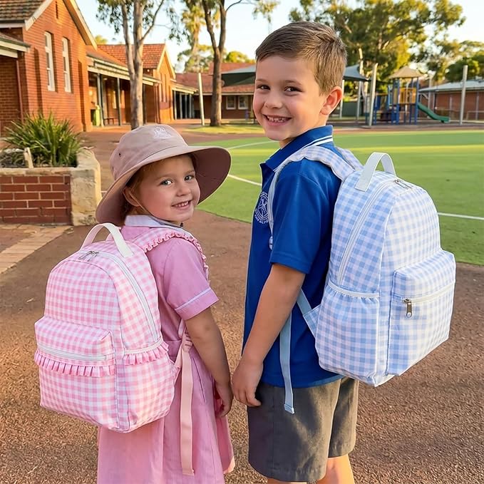 DYSHAYEN Gingham Kids Backpack,15 Inch School Backpack for Girls Boys,Kindergarten Large Bookbag Age 5-8 for Birthday Gifts School Overnight (Blue)