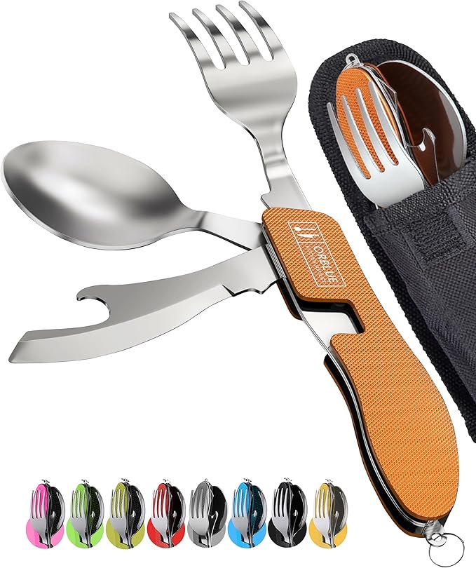 Orblue 4-in-1 Camping Eating Utensils, 2-Pack - Portable Spoon, Fork, Knife & Bottle Opener Combo Set - Stainless Steel Flatware with Detachable Fork - Travel, Backpacking Cutlery Multitool, Orange