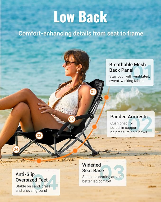 KingCamp Low Beach Chairs, Portable Folding Chair for Adults Extra Wide Ergonomic High Back Seat 300lbs Heavy Duty Lightweight Oversized Gear with Carry Bag for Outdoor Lawn Camping Picnic