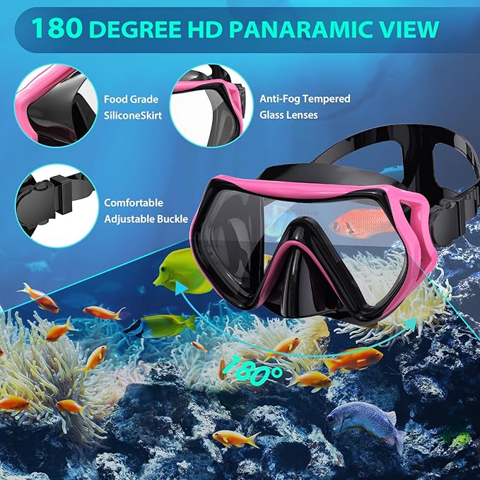 Snorkeling Gear for Adults, Mask Fin Snorkel Set, Dry Top Snorkel, Snorkeling Kit Travel Diving Package, Panoramic View Anti-Fog Anti-Leak Adjustable Swim Fins