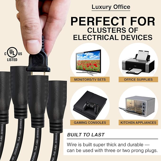 Luxury Office 4 Way Power Splitter - 1 to 4 Outlet Splitter, 6' Long, Black, SJT 16 AWG by Luxury Office