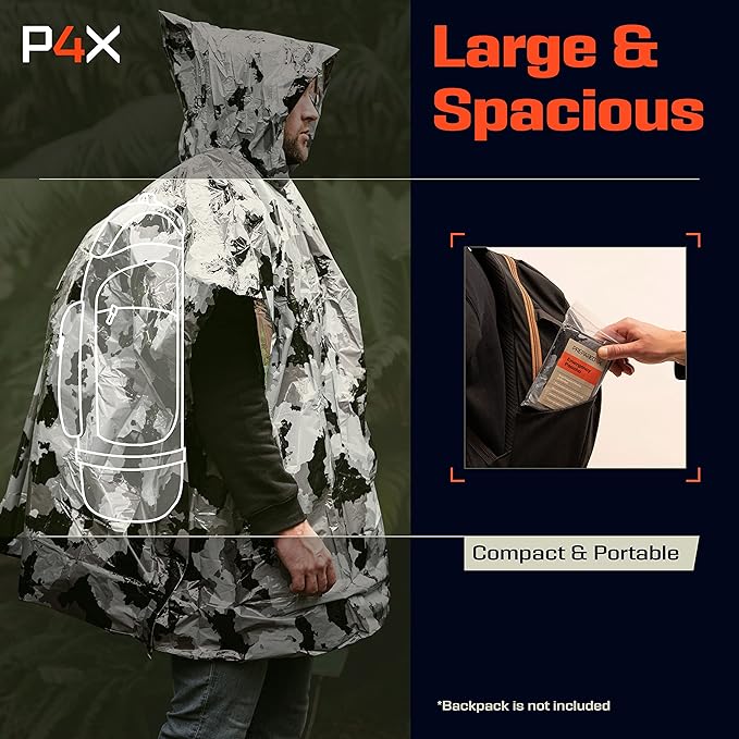 PREPARED4X Emergency Poncho and Mylar Blanket Liner - Waterproof, Wind-Resistant Outdoor Rain Poncho for Camping, Emergencies