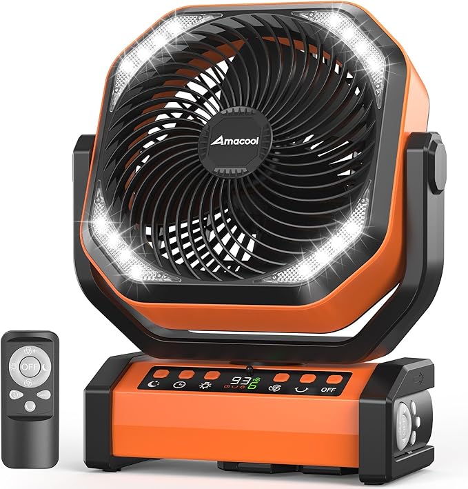 Camping Fan with Light, 20000mAh Rechargeable Battery Operated Fan, 112H Max Cooling Time, 8 Speeds, Digital Display, Remote Control, 270°Pivot with Hook for Tent Car RV Power Outage Hurricane