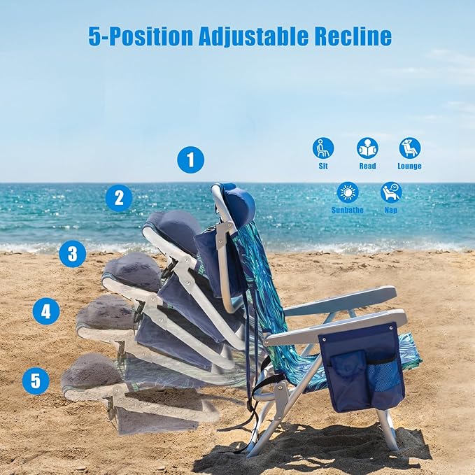 SUNNYFEEL Low Beach Chair 2 Pack, 5-Position Lay Flat Reclining, Backpack Portable Folding Chairs with Cooler Bag & Cup Holder, Heavy Duty 350 LBS, Compact for Beach, Camping, Travel