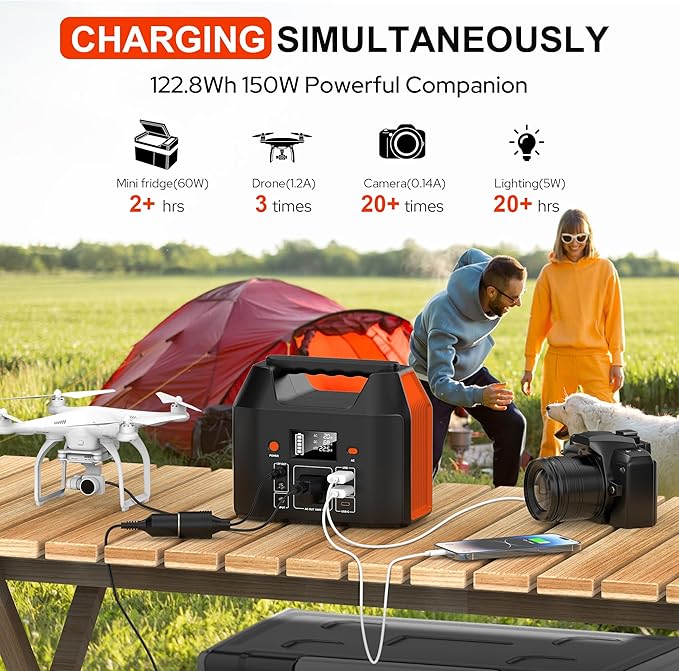SinKeu 150W Power Bank Station, 122.8Wh/38400mAh LiFePO4 Battery, Solar Generator for Outdoor Camping, Traveling, Emergencies-Orange