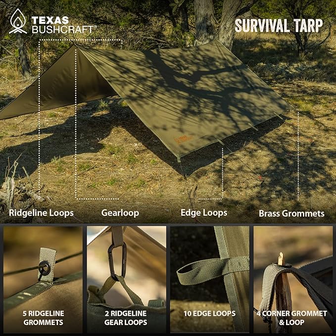 Texas Bushcraft Emergency Camping Tarp, Waterproof 10x10 Emergency Shelter for Backpacking and Hiking, 70D Ripstop Nylon Survival Tarp with Reflective Aluminized Polymer and Loop Ties with Grommets