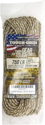 TOUGH-GRID Paracord Rope 750 lbs Nylon Parachute Cord, Made in USA Survival Kit, Outdoor Adventures, Camping, Tactical Gear & Emergency Supplies, Military Type IV Mil-Spec