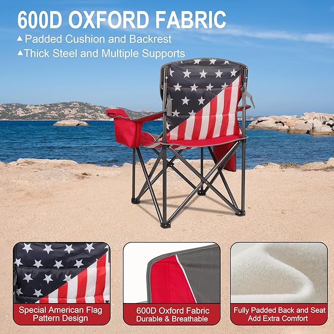Colorsoul Oversized Folding Camping Chair, Outdoor Padded Camping Chair Support 300 LBS with Cup Holder and Cooler Bag, Portable Lawn Chair for Beach Picnic Sports, (Red)