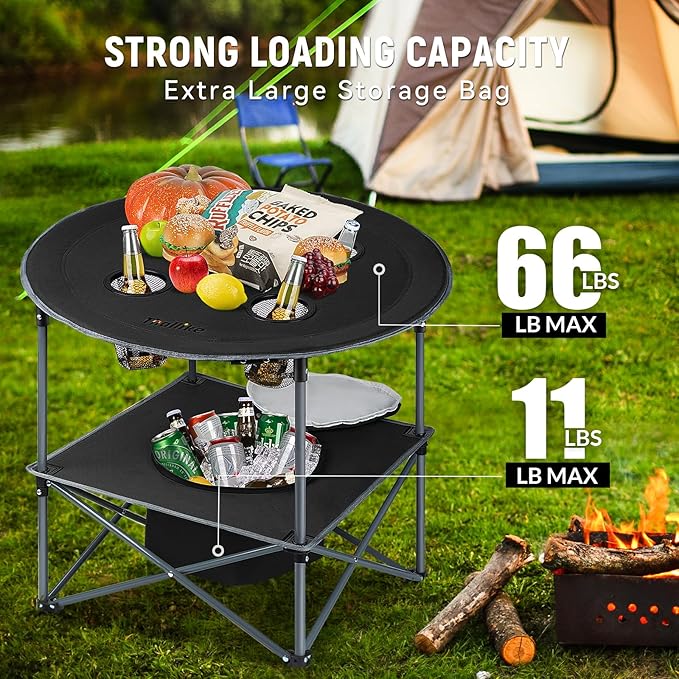 Portable Lightweight Folding Camping Table with Cooler and 4 Large Cup Holders Collapsible Picnic Camp Table Foldable Outdoor Table with Carry Bag for BBQ Tailgating Beach RV Travel Hiking