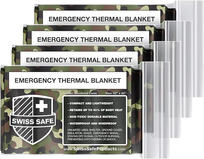 Swiss Safe 4 Pack Mylar Emergency Blankets for Survival - Compact & Insulated for Cold Weather - Designed for NASA, Outdoor, Running, Camping, Survival, First Aid Car Kit - Woodland Camo, 4 Pack