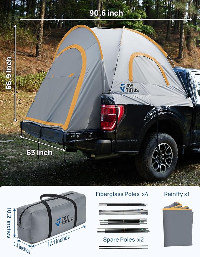 JOYTUTUS Pickup Truck Tent 2.0, Waterproof PU2000mm Double Layer for 2 Person, Portable Truck Bed Tent with Rainfly, 5.5'-5.8' Camping Preferred - Orange