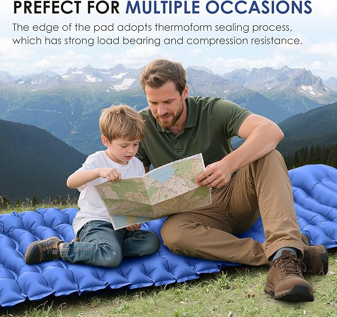Self Inflating Sleeping Pad for Camping, Portable 4" Extra-Thick Camping Cots for Adults with Pillows & Built-in Foot Pump, Ultralight Camping Mattress for Tent Hiking Essentials Gear (Blue, Single)