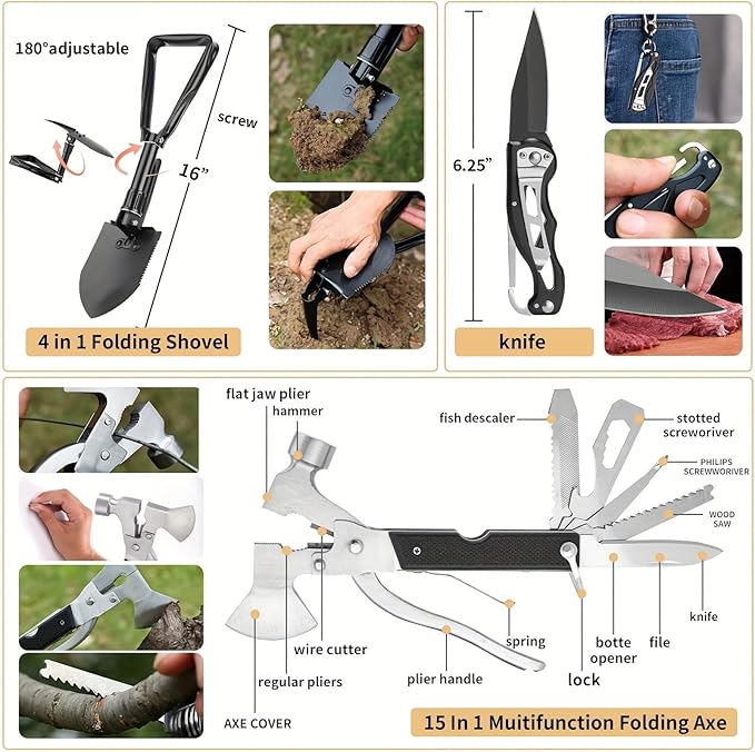 Survival Kit, 252Pcs Survival Gear First Aid Kit with Molle System Compatible Bag and Emergency Tent, Emergency Kit for Earthquake, Outdoor Adventure, Hiking, Hunting, Gifts for Men Women (Black)