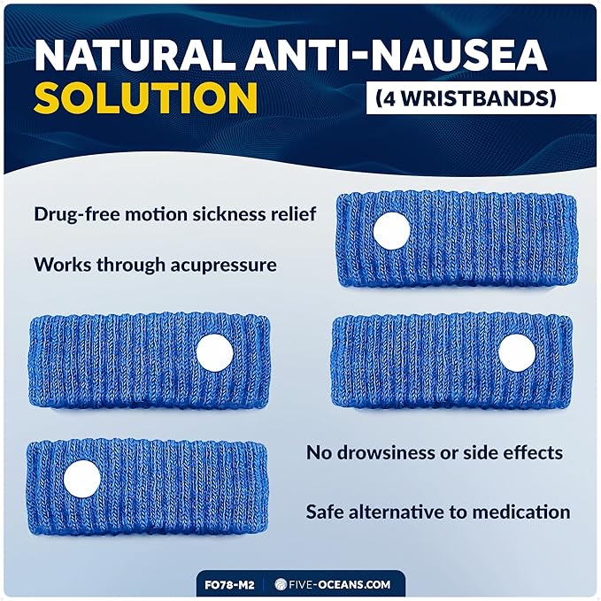 Five Oceans Motion Sickness Bands - Sea Sickness Acupressure Wristbands for Natural Relief of Nausea, Dizziness, Vomiting, and Motion Sickness - 2 Pair (4 Wristbands) - FO78-M2