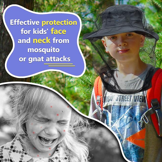 tupi Premium Mosquito Head Net for Kids, Bug Face Netting for Hats, Fly & Bug Protection | Ultra Large & Long, Extra Fine Holes for Camping, Hiking, Fishing, Fits All Hats for Children, 2 Pack