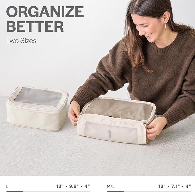 Compression Packing Cubes for Travel - Luggage Organizer Bags - Double Zipper Packing Cubes for Suitcases (2-Pack, Beige)