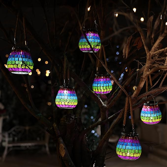 Cooo 2 Pack Mosaic Solar Lantern Outdoor Waterproof IP68 Hanging Projection Light Hidden Lid Pear-Shaped Lantern with Rope Handle Solar Powered Auto On for Patio Garden Fence Table - Neon Mosaic