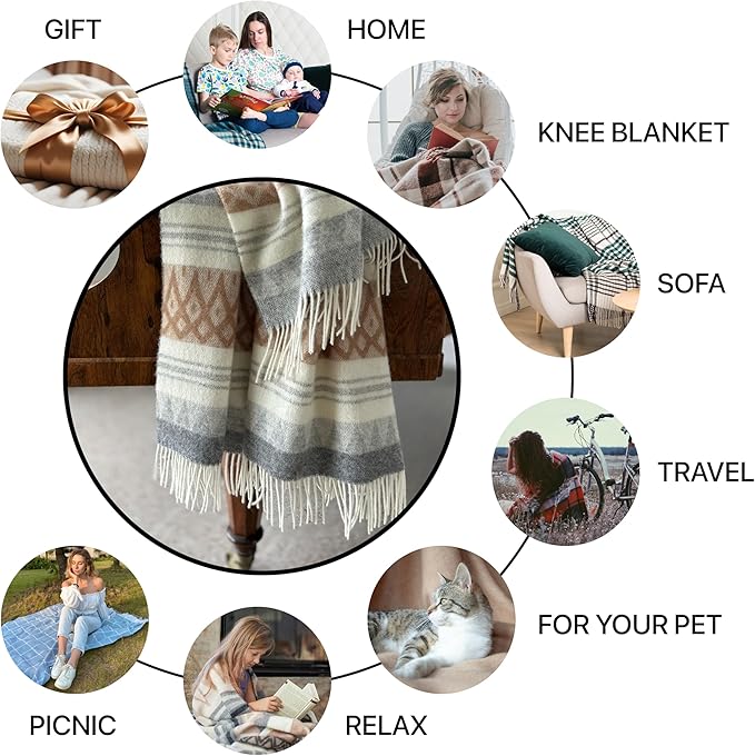 New Zealand Virgin Wool Throw Blanket, Indoor and Outdoor Blankets and Throws, Soft Blanket with Fringes and Pattern