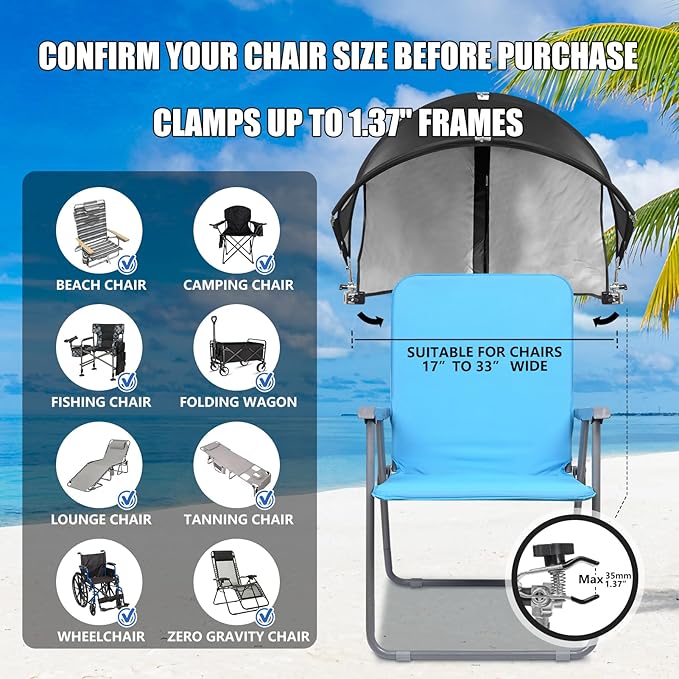 XL Universal Chair Canopy Umbrella, UPF 50+ Foldable Sun Shade Attachment with Adjustable Clamp, Fits Most Brands’ Beach, Camping, Lawn, Tanning, Zero Gravity, Lounge & Fishing Chairs