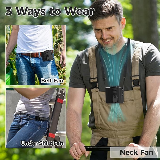 KITWLEMEN Portable Waist Fan - Personal Clip on Belt Fan, 5 Speeds 20H Cooling, Rechargeable Battery Operated, Wearable with Lanyard for Camping, Travel, Jobsite (Black)