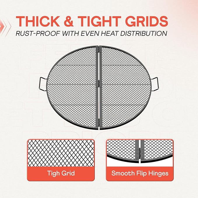 IDZO 36-Inch Foldable Fire Pit Grill Grate, Heavy-Duty Steel BBQ Grill, Cooking Grate with Handles, Portable Charcoal Grill for Campfire Cooking, Outdoor Stove Compatible, Black