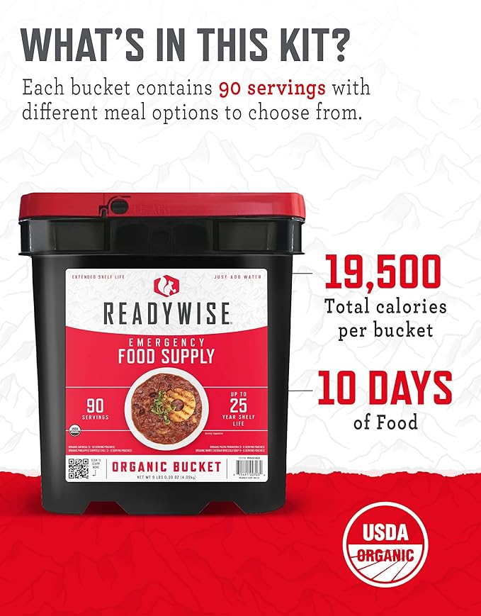ReadyWise Emergency Food Supply - 90 Servings Organic Bucket, Protein Meals, Dehydrated & Freeze Dried Survival Food for Backpacking, Camping Essentials & Prepping Supplies, up to 25 Year Shelf Life