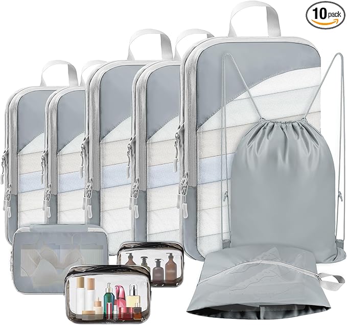 10 Set Compression Packing Cubes, Lightweight Travel Essentials, Stretchable Expandable Storage Bags, Compression Bags for Travel Accessories Luggage Storage Set (10 Pcs, Grey)