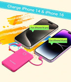 miisso 6000mah Ultra Slim Built in Cables Power Bank, Card Size Built in USB C Cords Battery Pack Portable Charger for Phones, 3 Output External Battery Pack Compatible with iPhone, Samsung, Plum Red