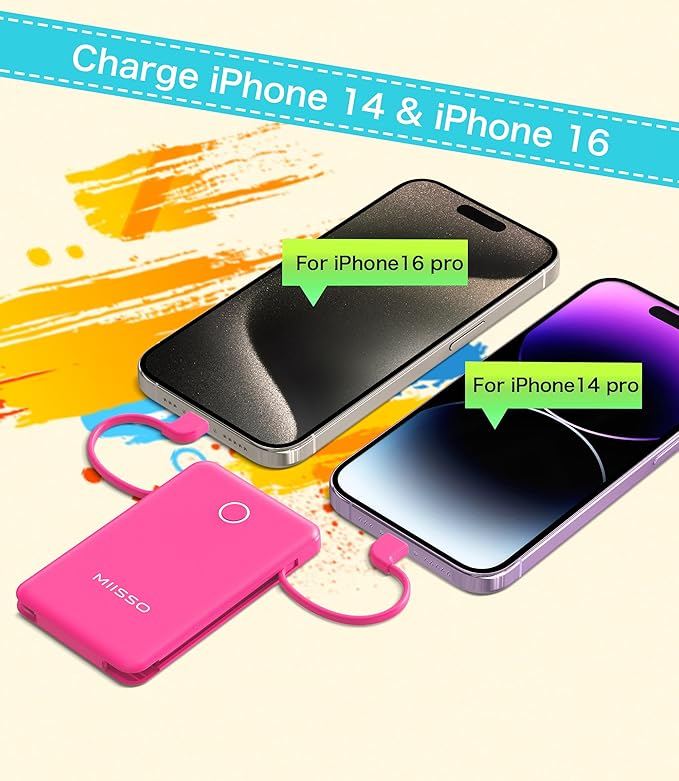 miisso 6000mah Ultra Slim Built in Cables Power Bank, Card Size Built in USB C Cords Battery Pack Portable Charger for Phones, 3 Output External Battery Pack Compatible with iPhone, Samsung, Plum Red