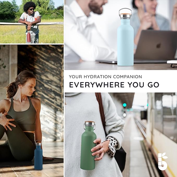 Bambaw Stainless Steel Water Bottle, 500 ml, Green Water Bottle, Non-Insulated Sports Bottle, Children's Metal Bottle, Bicycle Bottle, BPA-Free – Sage Green