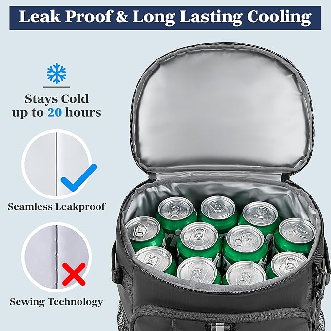 SUN CUBE Cooler Backpack 33 Can, Leakproof Insulated Backpack Cooler for Men Women, Camping Cooler Backpack for Beach Travel Hiking, Waterproof Lunch Backpack, Grey