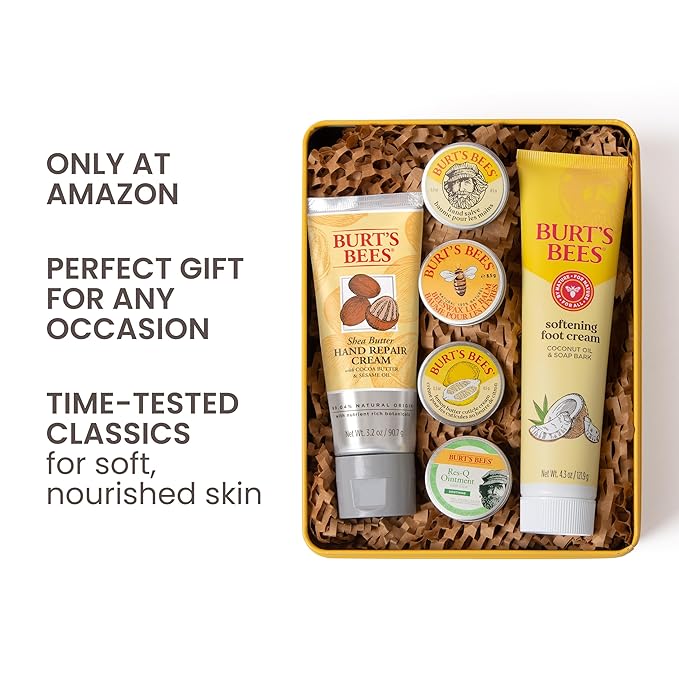 Burt's Bees Gifts Ideas - Classics Set, 6 Products in Giftable Tin â€“ Cuticle Cream, Hand Salve, Lip Balm, Res-Q Ointment, Hand Repair and Foot Cream