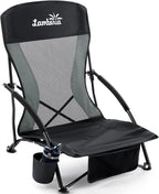 Lamberia Folding Beach Chair for Adults, Portable Low Beach Chairs with 300lbs Capacity, Lightweight Fodable Camping Chair for Travel, Picnic, Concert & Outdoor Activities, Black-Grey