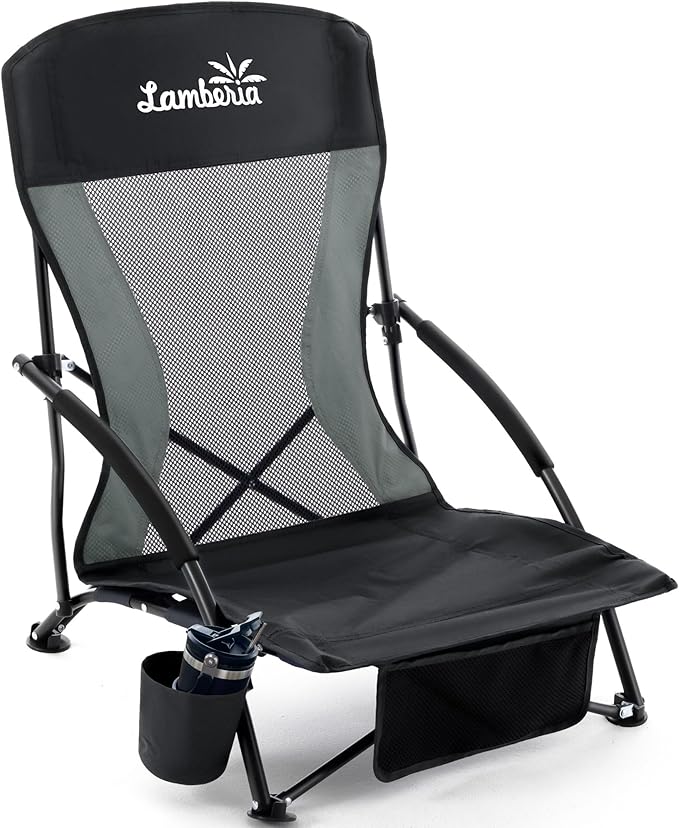 Lamberia Folding Beach Chair for Adults, Portable Low Beach Chairs with 300lbs Capacity, Lightweight Fodable Camping Chair for Travel, Picnic, Concert & Outdoor Activities, Black-Grey