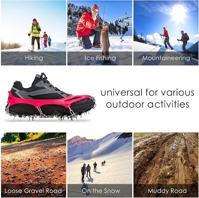 Crampons Ice Cleats Traction Snow Grips for Boots Shoes Women Men Anti Slip 19 Stainless Steel Spikes Safe Protect for Hiking Fishing Walking Climbing Mountaineering