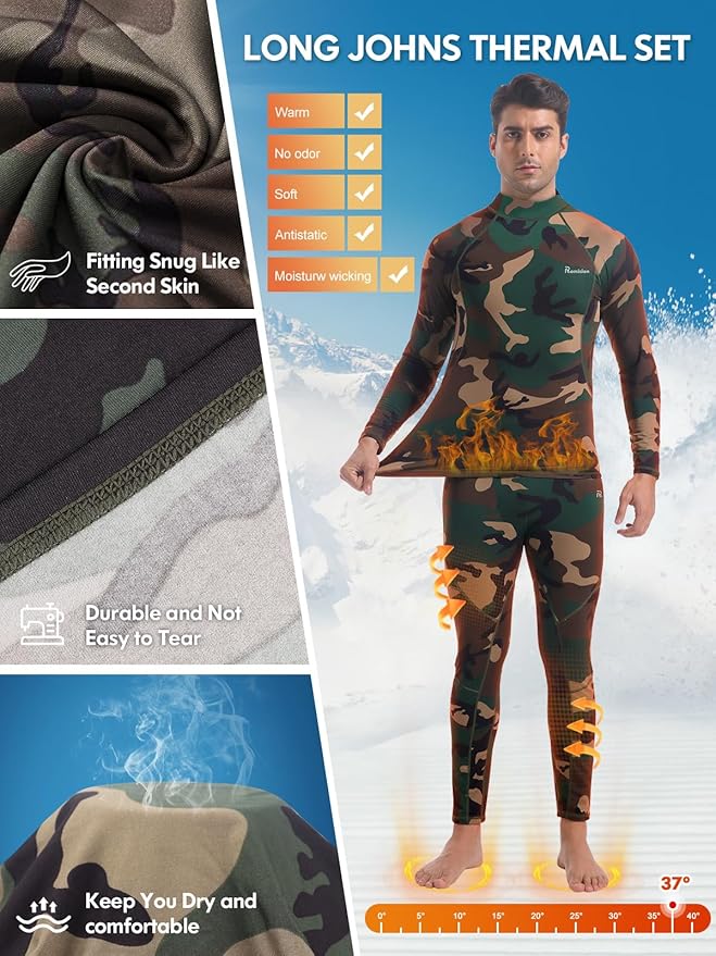 romision Thermal Underwear for Men Long Johns Fleece Lined Hunting Gear Bottom Top Set Base Layer for Cold Weather Gift