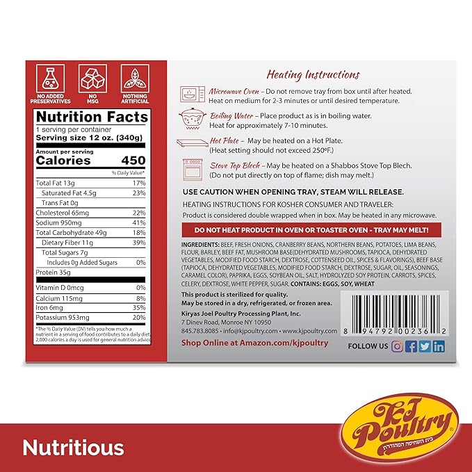 KJ Poultry Kosher Ready Meals - Beef Chulent & Kugel, MRE Meat Meals Ready to Eat, Shabbos Food (12 Pack) Prepared Entree Fully Cooked, Shelf Stable Microwave Dinner Travel, Military, Camping Survival