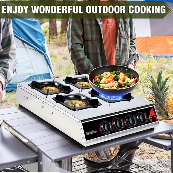 BESTFIRE 4 Burner Propane Gas Stove 40,000 BTU Stainless Steel Cooktop with Enamel Pan Support, Electronic Ignition, Regulator & Hose Included, Portable Gas Stove for Camping, Outdoor Cooking, BBQ