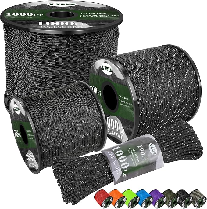 X XBEN Paracord Reflective 1000lb, 50/100/200/500/1000ft 4mm, 13 Strand Parachute Spool Cord, Heavy Duty Paracord Rope for Camping, Fishing, Hiking, Hunting, DIY Crafts, Black