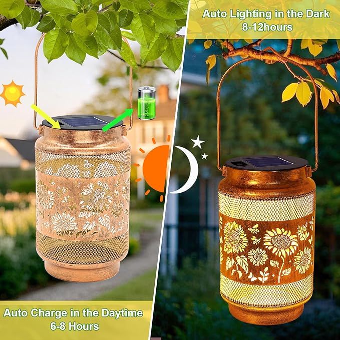 Sunflower Solar Lanterns Outdoor Waterproof with Shepherd Hook, Sunflower Birthday Gifts for Women Mom Grandma, Metal Solar Hanging Lights Garden Decor for Outside Yard Patio Pathway Backyard Porch