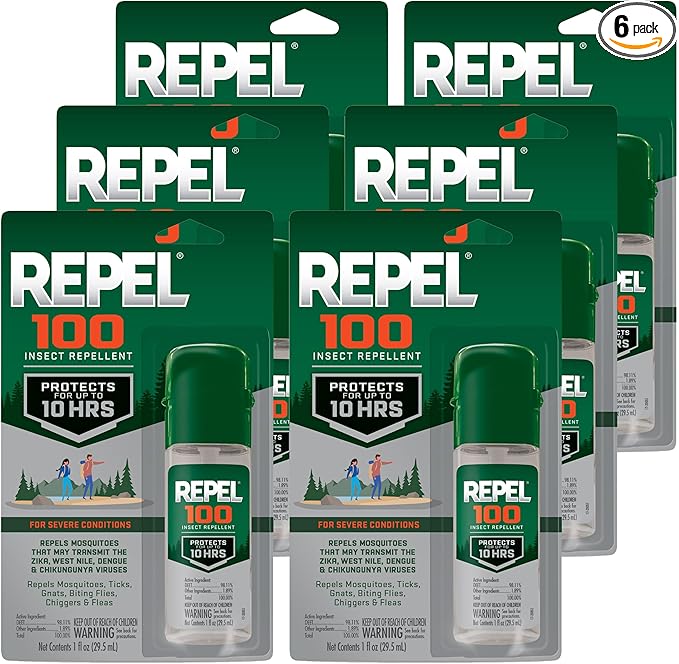 Repel 100 Insect Repellent, 1 Ounce, With DEET, 10-Hour Protection Long-Lasting Insect Repellent Travel Pump Spray Repels Mosquitoes, Ticks, Gnats, Biting Flies, Chiggers And Fleas, 6 Pack