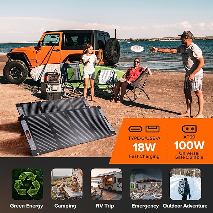 100W Portable Solar Panel for for Camping,RV,Off-Grid-23.5% Efficiency,Lightweight Foldable,USB-A,Type-C & XT60 Output,IP67 Waterproof,IEC Certified